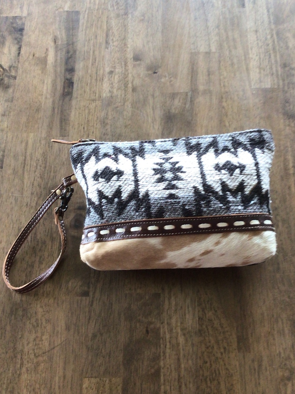 Myra Bag Black, Brown and Cream western Cowhide Wristlet Clutch